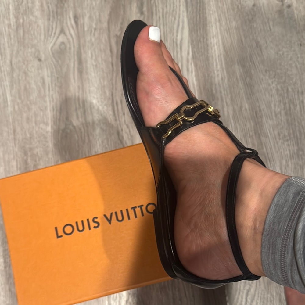 Authentic Louis Vuitton Gold and Black Leather Sandals - Picture 3 of 11